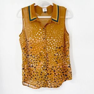 Cabi Cheers Collared Tank Blouse Sz S Yellow‎ Paintbrush Stroke Button Up Sheer